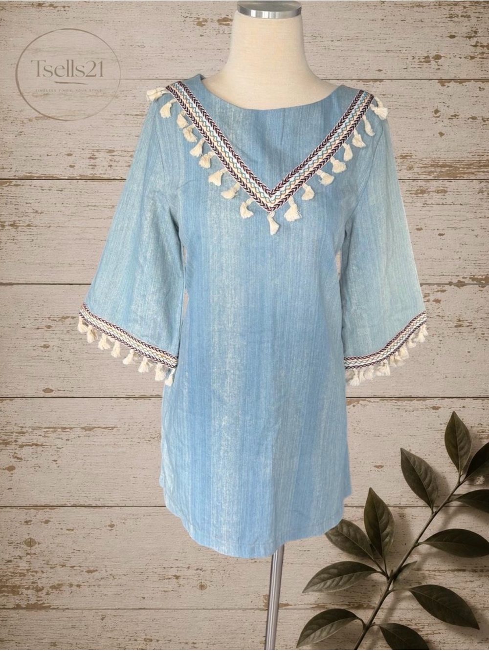 Hayden LA Blue Denim Boho Tassel Fringe Tunic Dress W/Pockets - Size S